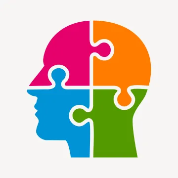 Drawing of human head in profile stylized as a puzzle with four pieces in different colors